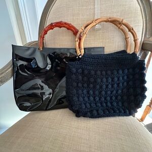 Chic Black Patent and Knit Bags with Bamboo Handles